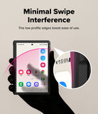 [Bundle] Galaxy Z Fold 8 | Onyx Flap (BK) + Screen Protectors (2P) - A black smartphone case with minimal profile edges is shown on a hand against a beige background, with text reading 'Minimal Swipe Interference' and a circular inset highlighting the low-profile edge design.