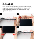 Galaxy Z Fold 8 Case | Onyx Flap (BK) - Instruction diagram showing four steps for fitting a black protective phone case onto a smartphone, with a notice at the top explaining proper alignment and red arrows highlighting the pressing motion.