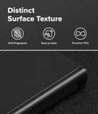 Galaxy Z Fold 8 Case | Onyx Flap - Close-up of a black textured phone case with a raised edge, shown below marketing text that reads 'Distinct Surface Texture' with icons for anti-fingerprint, easy to clean, and premium TPU.