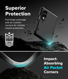 [Bundle] Galaxy Z Fold 8 | Onyx Flap (BK) + Screen Protectors (2P) - A promotional graphic for a smartphone case showing a folded phone floating above a dark rocky surface. Text reads 'Superior Protection' and 'Impact-Absorbing Air Pocket Corners,' with a military-style badge on the left and a close-up of the curved corner protection at the bottom.