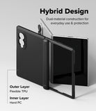 Galaxy Z Fold 8 Case | Onyx Flap - A black protective case for a foldable tablet, shown in a clean studio render with text explaining its hybrid design. The image highlights the outer flexible TPU layer and inner hard PC layer, with the tablet partially opened to demonstrate the case's fit and flexibility.
