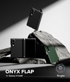 [Bundle] Galaxy Z Fold 8 | Onyx Flap (BK) + Screen Protectors (2P) - Three Ringke Onyx Flap cases for Samsung Galaxy Z Fold8 are displayed in a stylized studio setting with dramatic lighting and dark rocks. Two cases are black and one is forest green.