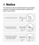 Galaxy Z Fold 8 Case | Onyx Flap - Instruction notice sheet showing three steps for assembling a product case: fold back the hinge cover, connect the upper and lower joints, and press to secure the joints before installing the case on a device.