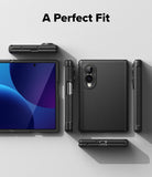 Galaxy Z Fold 8 Case | Onyx Flap Magnetic - A black protective case shown on a tablet and a folding smartphone from multiple angles, with the text 'A Perfect Fit' at the top on a light gray background.