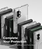Galaxy Z Fold 8 Case | Onyx Flap Magnetic - A promotional render showing multiple smartphones in clear protective cases with camera lens guards, arranged in a fan-like layout on a light gray background. Large text reads 'Complete Your Protection' and smaller text says 'Get full coverage using Ringke Lens Frame Glass.