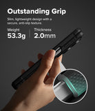 Galaxy Z Fold 8 Case | Onyx Flap Magnetic - A hand holds a slim black protective phone case against a dark gray background, with marketing text reading 'Outstanding Grip' and a circular inset showing the textured grip detail.