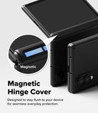 Galaxy Z Fold 8 Case | Onyx Flap Magnetic - Black magnetic hinge cover shown on a smartphone fold, with a circular inset highlighting the magnetic feature and text reading 'Magnetic Hinge Cover' on a light gray background.
