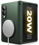 Galaxy Z Fold 8 Case | Onyx Flap Magnetic - A dark forest green protective case for a foldable smartphone, featuring a textured leather-like finish, a silver metallic ring stand on the back, and a camera cutout on the left side. The phone inside displays a colorful screen.