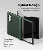 Galaxy Z Fold 8 Case | Onyx Flap Magnetic - A dark green protective case for a foldable tablet, shown both open and closed on a light gray background with text explaining its hybrid design and materials.