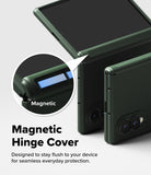 Galaxy Z Fold 8 Case | Onyx Flap Magnetic - Dark green magnetic hinge cover case shown on a smartphone, with a circular inset highlighting the magnetic feature and text reading 'Magnetic Hinge Cover' on a light gray background.