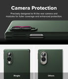 Galaxy Z Fold 8 Case | Onyx Flap Magnetic - Dark green phone case with a camera bump and a small magenta ring accent, shown with text reading 'Camera Protection' and two smaller views labeled 'Ringke' and 'Others' below.