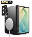 Galaxy Z Fold 8 Case | Onyx Flap Magnetic + Camera Protectors (2P) - A black protective phone case with a textured grip, shown fitted on a tablet. The case features a large circular MagSafe-compatible magnetic ring on the back and a small black camera lens protector with white text reading 'LIVE A BETTER DAY RINGKE' and camera icons.
