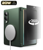[Bundle] Galaxy Z Fold 8 | Onyx Flap Magnetic (GRN) + Privacy Protectors - Dark green protective phone case with a built-in MagSafe ring, shown alongside a clear screen protector and a black circular 360-degree rotation graphic on a white background.