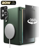 [Bundle] Galaxy Z Fold 8 | Onyx Flap Magnetic (GRN) + Privacy & Camera Protectors - A dark green textured phone case shown on a white background, with a black camera lens protector sticker on the left and a clear screen protector overlay on the right labeled '360°'.