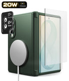 [Bundle] Galaxy Z Fold 8 | Onyx Flap Magnetic + Screen / Camera Protectors (2P) - A dark forest green protective phone case with a textured back, a silver MagSafe-compatible ring, and a clear screen protector shown partially detached, alongside a black camera lens protector sticker.