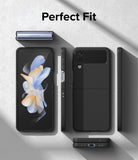 Galaxy Z Flip 4 Case | Slim - Black slim case shown on a Galaxy Z Flip 4 from multiple angles on a textured gray surface.