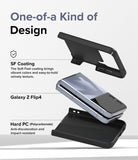 Galaxy Z Flip 4 Case | Slim - Exploded view of a Galaxy Z Flip 4 phone between two black protective case pieces.