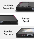 Galaxy Z Flip 4 Case | Slim - Close-ups showing scratch protection, raised bezels, and precise port cutouts on a black phone case.