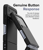 Galaxy Z Flip 4 Case | Slim - A black slim-fit case on a Galaxy Z Flip 4 highlighting precise button cutouts and feedback.