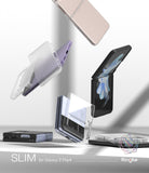 Galaxy Z Flip 4 Case | Slim - Floating clear protective cases surrounding various Galaxy Z Flip 4 phones in a studio setting.