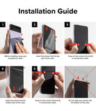 Galaxy Z Flip 4 Case | Slim - Six-step visual guide showing how to clean, insert, and snap a clear case onto a foldable phone.