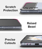Galaxy Z Flip 4 Case | Slim - Three close-up views of a clear phone case highlighting scratch protection, raised bezels, and cutouts.