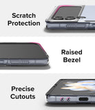 Galaxy Z Flip 4 Case | Slim - Three close-up views of a clear phone case highlighting scratch protection, raised bezels, and cutouts.