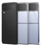 Galaxy Z Flip 4 Case | Slim - A black slim case on a Galaxy Z Flip 4 next to two clear-cased phones on a white background.