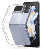 Galaxy Z Flip 4 Case | Slim - Clear two-piece protective case shown hovering over a lavender Samsung Galaxy Z Flip 4.