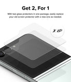 Galaxy Z Flip 5 Screen Protector | Cover Display Glass - Galaxy Z Flip 5 Screen Protector - Two glass protectors hovering above a Galaxy Z Flip 5 cover display with an X 2P label.