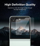 Galaxy Z Flip 5 Screen Protector | Cover Display Glass - Galaxy Z Flip 5 Screen Protector - A clear glass protector hovering over a Galaxy Z Flip 5 against a starry mountain backdrop.