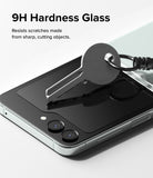 Galaxy Z Flip 5 Screen Protector | Cover Display Glass - Galaxy Z Flip 5 Screen Protector - A metal key pressing against the 9H glass cover display of a Galaxy Z Flip 5.