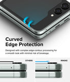 Galaxy Z Flip 5 Screen Protector | Cover Display Glass - Galaxy Z Flip 5 Screen Protector - Glass cover with curved edges shown on a phone, comparing Ringke fit to standard flat.