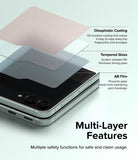 Galaxy Z Flip 5 Screen Protector | Cover Display Glass - Galaxy Z Flip 5 Screen Protector - Exploded view showing oleophobic coating, tempered glass, and AB film layers.