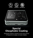 Galaxy Z Flip 5 Screen Protector | Cover Display Glass - Galaxy Z Flip 5 Screen Protector - Folded phone showing water-repellent and anti-fingerprint screen coating features.