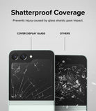 Galaxy Z Flip 5 Screen Protector | Cover Display Glass - Galaxy Z Flip 5 Screen Protector - Comparison showing shattered screen protector holding together versus loose shards.