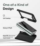 Galaxy Z Flip 5 Case | Slim - Exploded view of a Galaxy Z Flip 5 phone between two black protective case pieces.