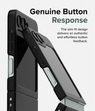 Galaxy Z Flip 5 Case | Slim - Close-up of a black slim phone case showing precise cutouts for buttons on a Galaxy Z Flip 5.
