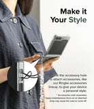 Galaxy Z Flip 5 Case | Slim - Person holding a Galaxy Z Flip 5 with a clear case featuring a beaded strap attached to a lanyard hole.