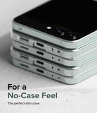 Galaxy Z Flip 5 Case | Slim - A stack of folded Galaxy Z Flip 5 phones in slim, clear cases showing precise port cutouts.