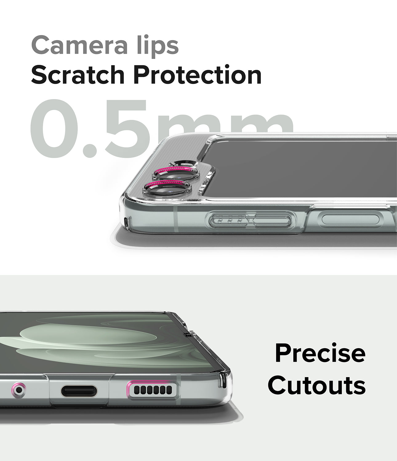 Galaxy Z Flip 5 Case | Slim - Clear phone case showing 0.5mm camera lens protection and precise port cutouts.