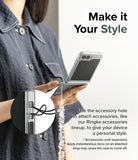 Galaxy Z Flip 5 Case | Slim - Person holding a Galaxy Z Flip 5 with a beaded strap attached to the case's built-in accessory hole.