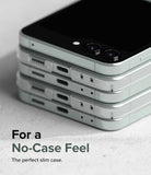 Galaxy Z Flip 5 Case | Slim - A stack of four light green Galaxy Z Flip 5 phones in slim cases on a textured surface.
