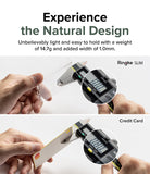 Galaxy Z Flip 5 Case | Slim - Digital calipers measuring the thickness of a slim phone case compared to a credit card.