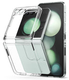 Galaxy Z Flip 5 Case | Slim - A clear, two-piece protective case hovering over a light green Samsung Galaxy Z Flip 5.