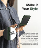 Galaxy Z Flip 5 Case | Slim Color - Person holding a green phone case with a beaded strap attached to the accessory hole.