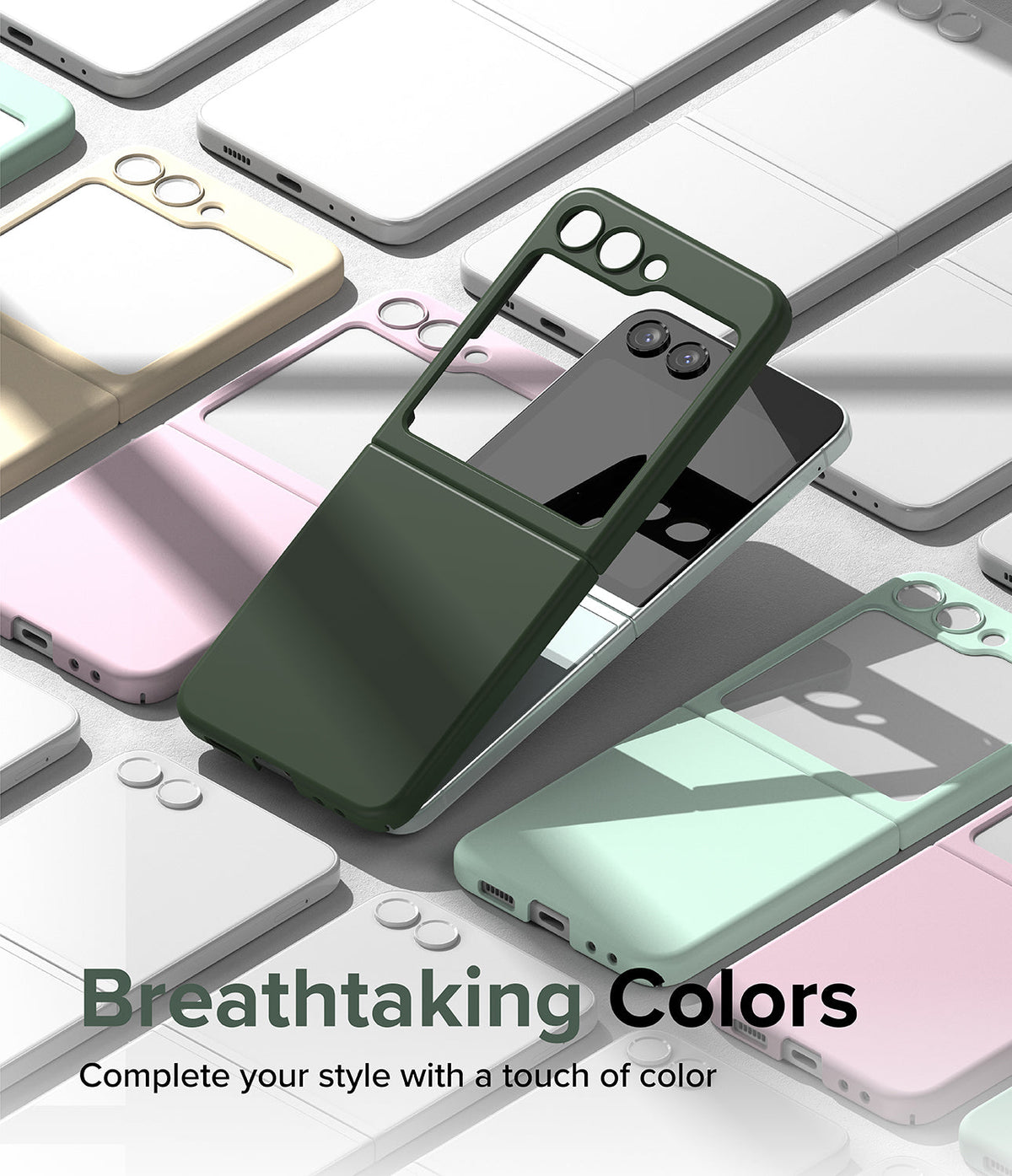 Galaxy Z Flip 5 Case | Slim Color - A dark green slim case on a Galaxy Z Flip 5 surrounded by various pastel-colored phone cases.
