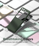 Galaxy Z Flip 5 Case | Slim Color - A dark green slim case on a Galaxy Z Flip 5 surrounded by various pastel-colored phone cases.