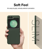 Galaxy Z Flip 5 Case | Slim Color - Hand holding a dark green phone case with a side view showing its slim profile.