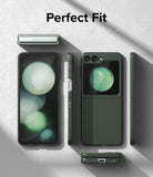 Galaxy Z Flip 5 Case | Slim Color - Dark green phone case shown from multiple angles on a textured gray background.
